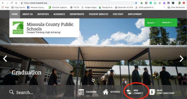 Screen Shot of MCPS website with a red circle around the button Web Connect 